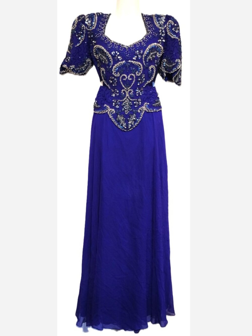 Vintage 80s Jacqueline Silk Beaded Dress, Deep Blue,  Scalloped Sleeves